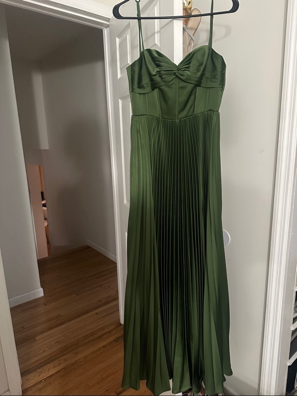 Olive Green Pleated Maxi Dress - Sleeveless Spaghetti Strap - Picture 2 of 7